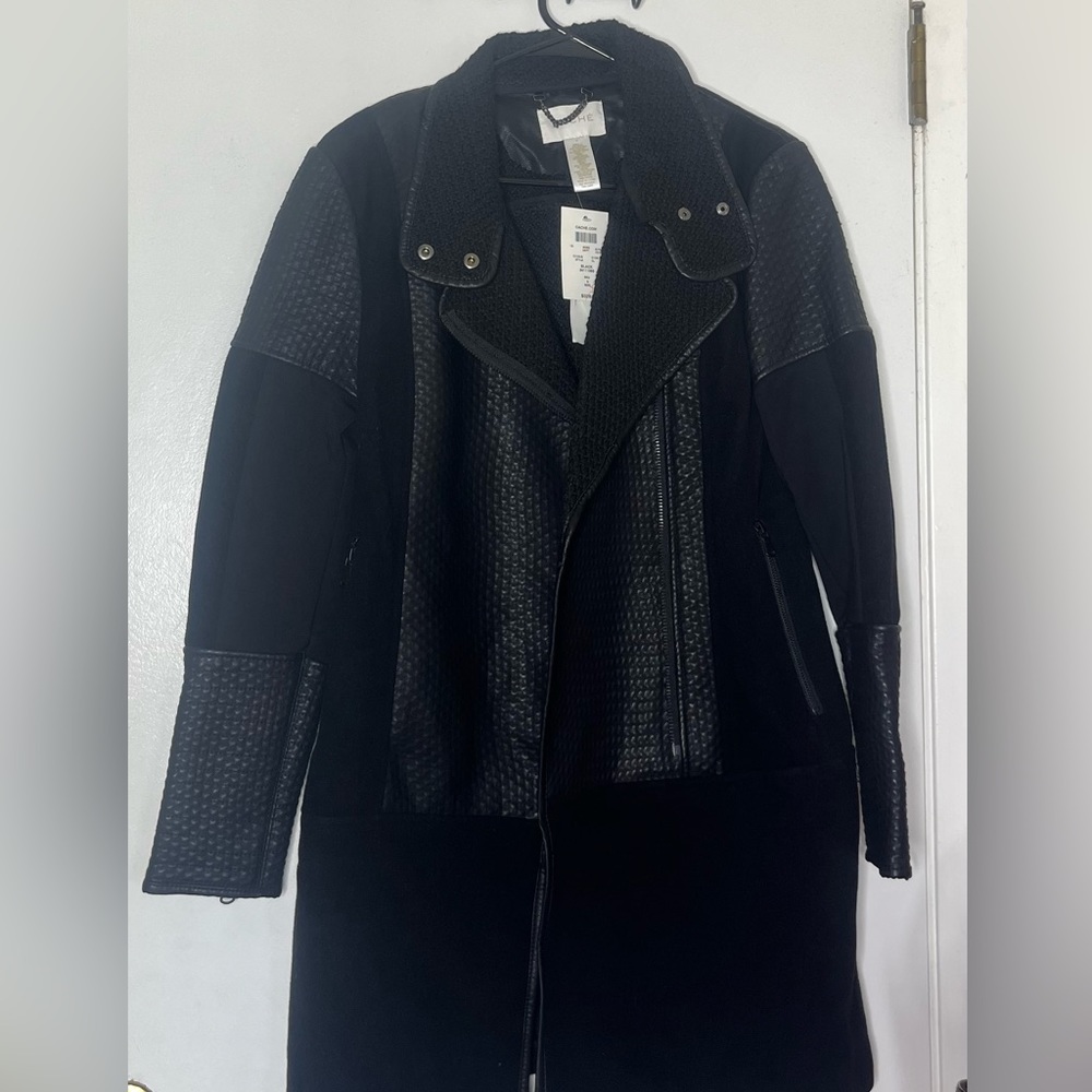 Long Wool Faux Leather Black Jacket NWT